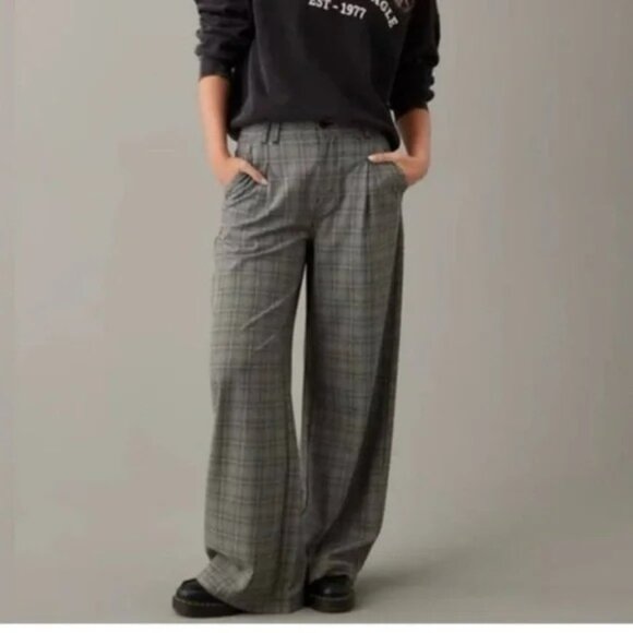 American Eagle Womens Wide Leg Stretch Trousers Size 14 32W High-Rise Gray Plaid - Picture 1 of 10